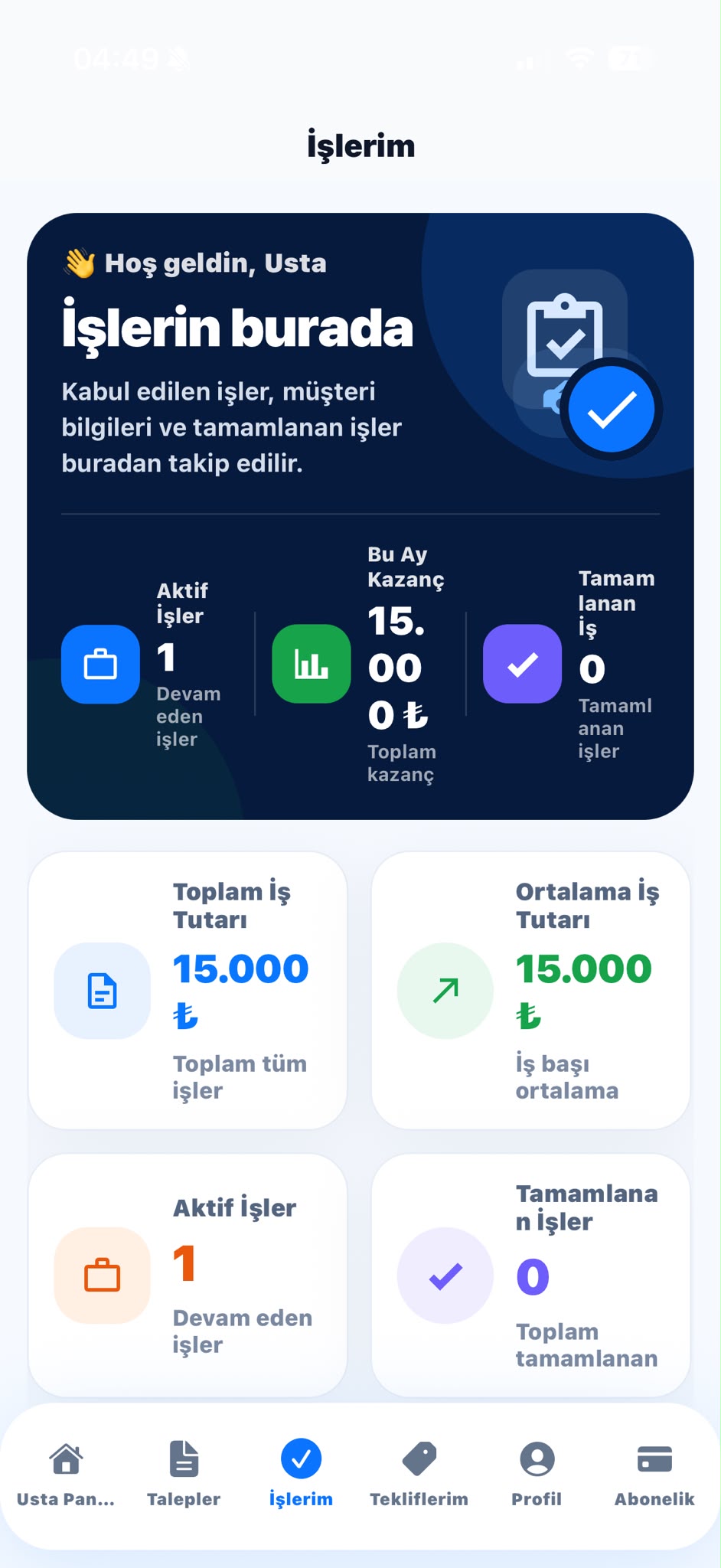 OtoTeklif usta işlerim ekranı