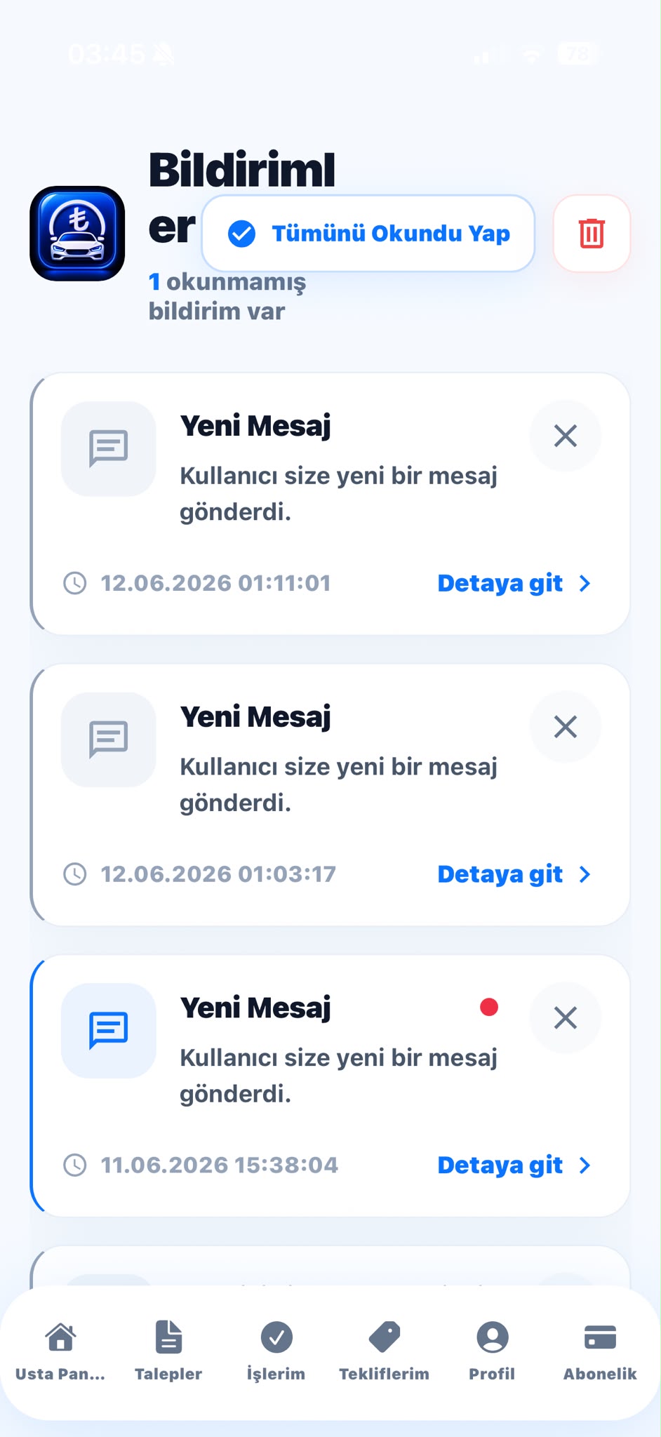 OtoTeklif Bildirimler mobil ekranı