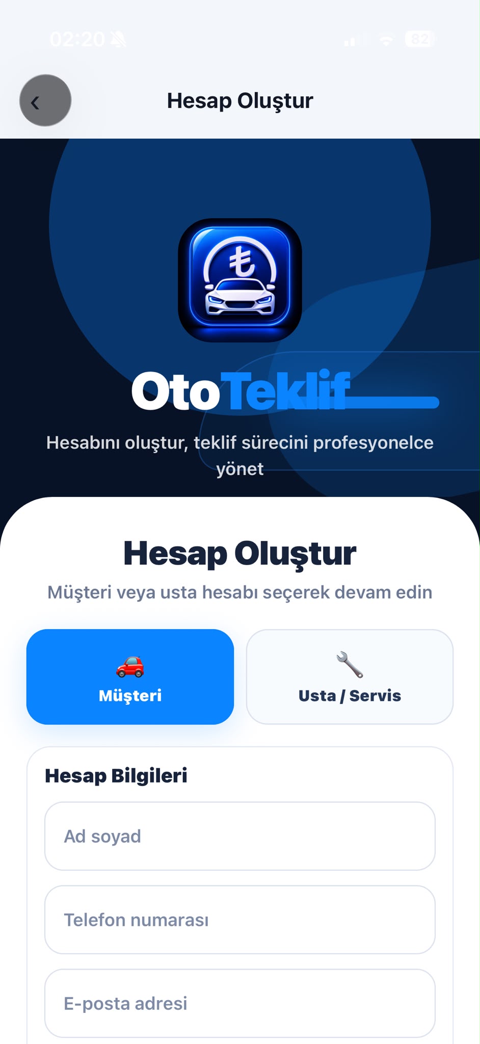 OtoTeklif hesap oluşturma ekranı