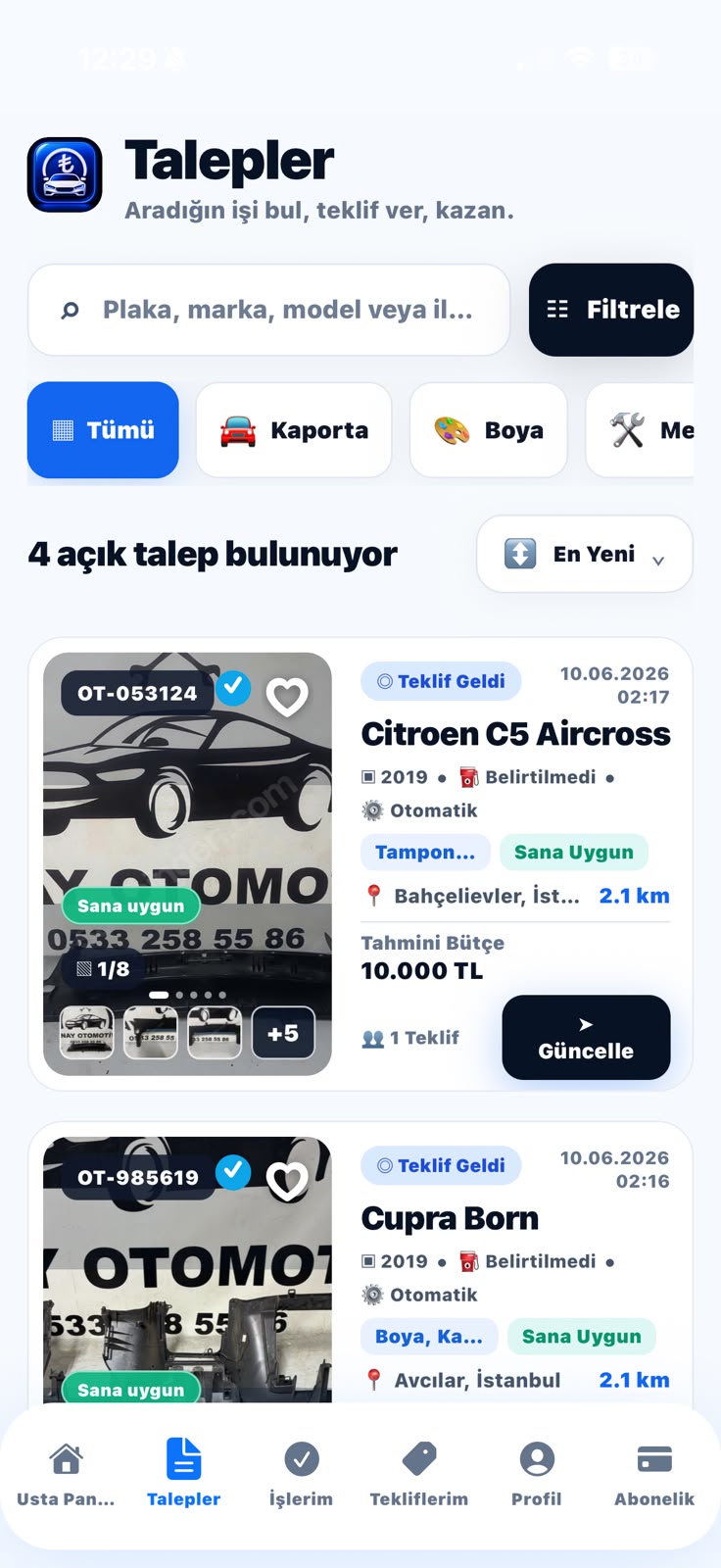 OtoTeklif usta talepler ekranı