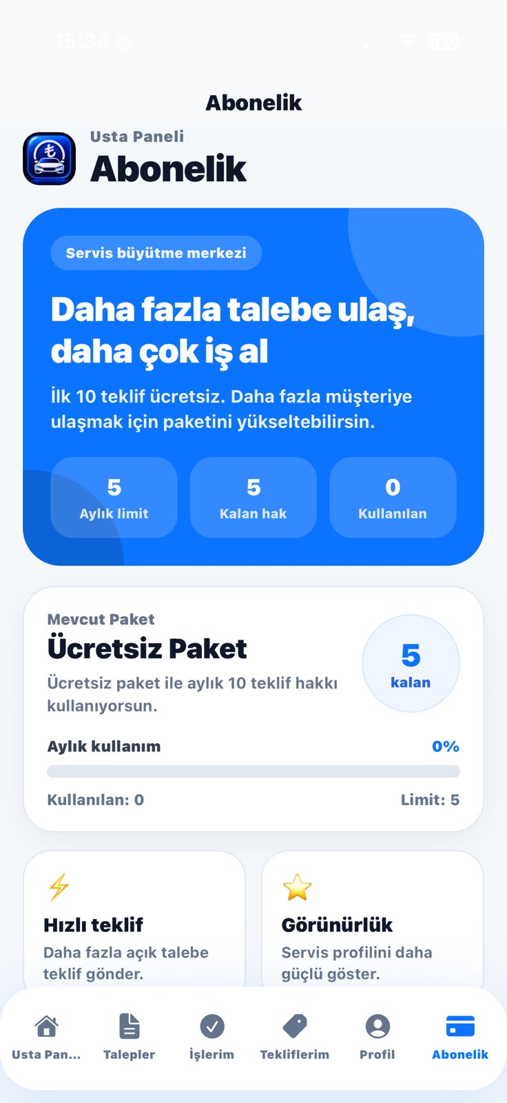 OtoTeklif Abonelik mobil ekranı
